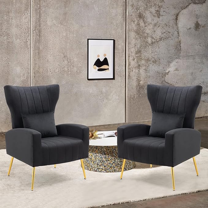 Living Room Chairs Set of 2 Modern Velvet Accent Chairs with Lumbar Pillow High Back Armchair Arm Chairs with Gold Metal Legs for Bedroom Black