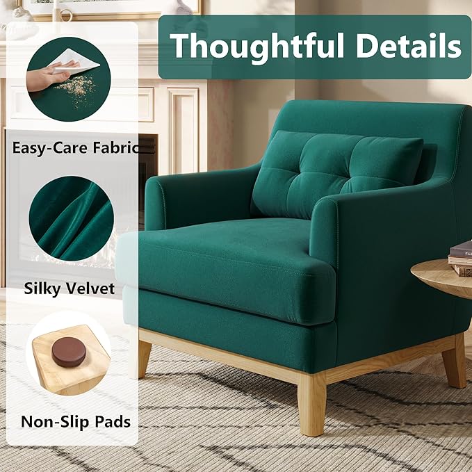 LINSY Oversized Accent Chairs for Bedroom Living Room High Back Large Accent Chair Comfy Reading Chairs for Adults Mid Century Green Velvet Chair with Lumbar Pillow Oversized Armchair