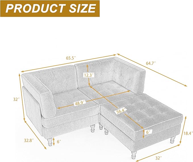 65 L Shaped Modular Sectional Sofa Couch Upholstered Cloud Sofa Bed with Deep Seat for Living Room Bedroom and Apartment Comfy Fluffy Sleeper Sofa with Movable Ottoman