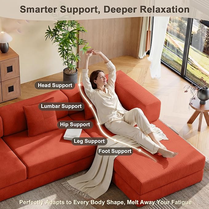 107 L-Shaped Modular Sofa Bed Multi Convertible Boneless Floor Couch Cozy Corduroy Sleeper Couch Sectional Futon Lounge for Living Room &amp Rest Area with 3 Exquisite Throw Pillows | Orange | So