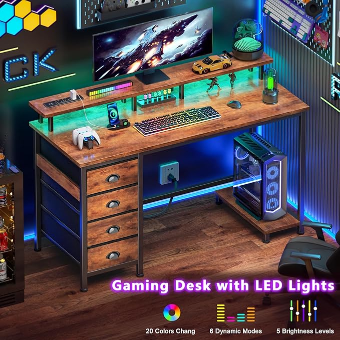Furologee Computer Desk with Power Outlets &amp Monitor Stand 47 Inch Reversible Gaming Desk with LED Lights &amp 4 Fabric Drawers Writing Work Table for Home Office Bedroom Rustic Brown