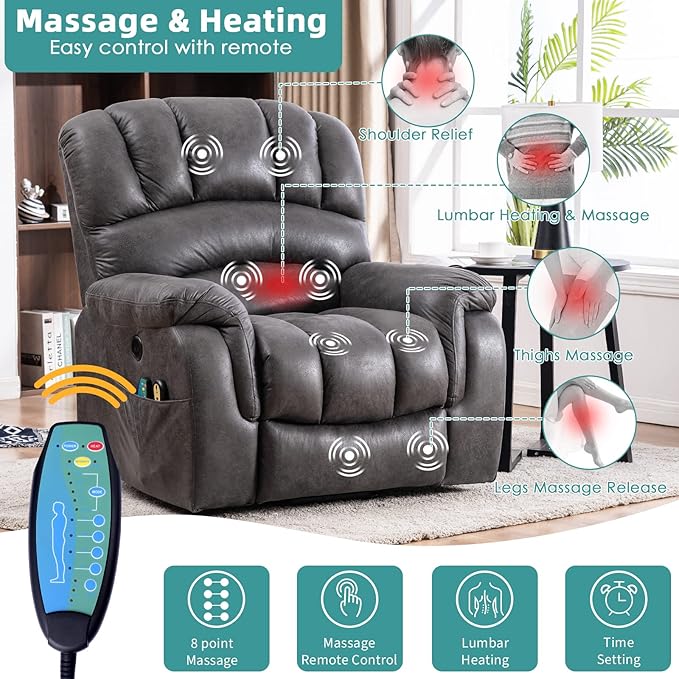 MEETWARM Large Power Lift Electric Recliner Chair with Massage and Heat Overstuffed Wide Recliner with 2 Remote Controls for Elderly Big People Heavy Duty Recliners USB Ports Side Pockets(Gray)