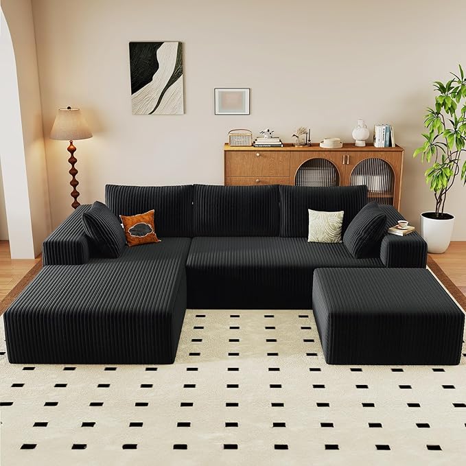 96 W Cloud Sectional Couch with OttomanModern U-Shaped Cloud Couch with Deep SeatComfy Corduroy 3-Seater SofaMemory Foam Sofa for Living RoomNo Assembly (BlackLeft-Facing Chaise)