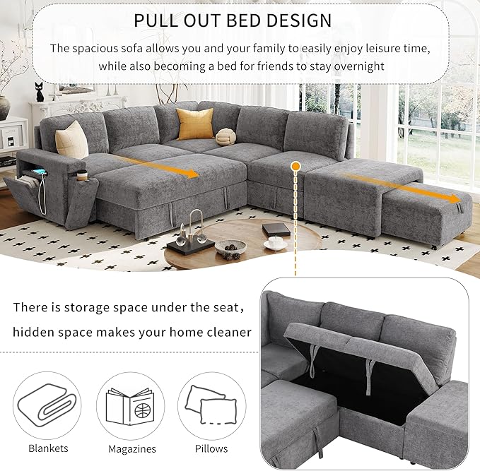 Convertible Sleeper Sectional Sofa with Pull-Out Bed and Storage Space &amp Ottoman Armrest w/USB Ports &amp Cup Holders Corner 6 Person L-Shape Modular Couch for Living Room Apartment (Grey)