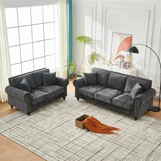 2-Piece Classic Chenille Living Room Sofa Set Chesterfield Sofa Set of 2 for Living Room - Traditional Rolled Arm Couch &amp Loveseat with Nailhead Trim Solid Wood Frame Earthy Tone Upholstery Gr