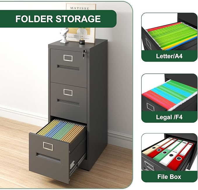 3 Drawer Small Metal Vertical File Cabinet with Lock Under Desk Storage Organizer Filing Cabinets for Home Office Locking DrawersAssembly RequiredBlack