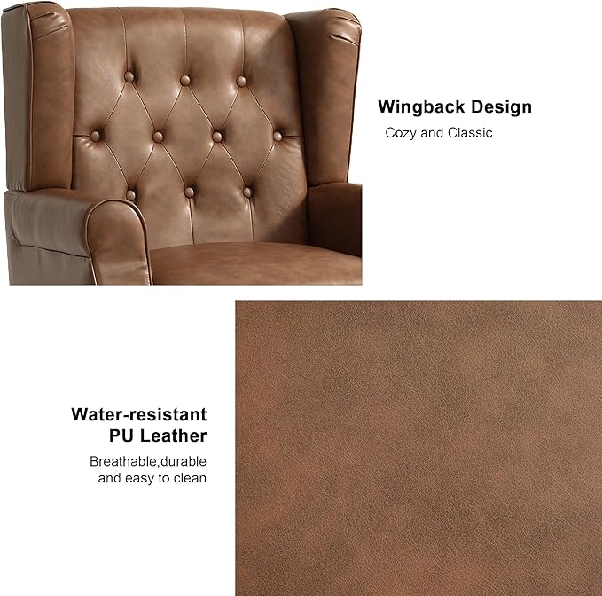 Accent Chair Upholstered Armchair with Button Tufted High Back &amp Solid Wood Legs Comfy Wingback Reading Single Sofa Chair for Small Spaces Living Room Bedroom (Leather Brown Set of 2)