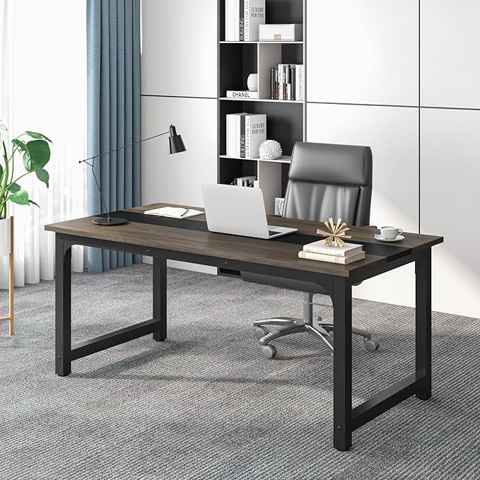 Tribesigns 63” Executive Desk Large Office Computer Desk with Thicken Frame Modern Simple Workstation Business Furniture for Home Office Vintage Grey/Black