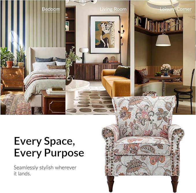 Wingback Accent Chair with Wood Legs Modern Comfy Upholstered Armchair with Removable Cushion and Nailhead Trim Floral Pattern Single Sofa Reading Chair for Living Room Bedroom