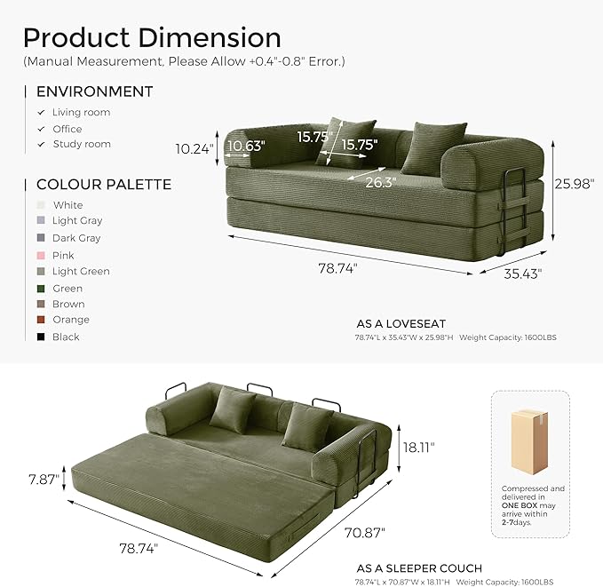 79 Modular Floor Sofa Convertible Sleeper Sofa Bed Removable Backrest Design Spacious Sleeping Area Easy Setup for Game Room Apartment (Light Green)