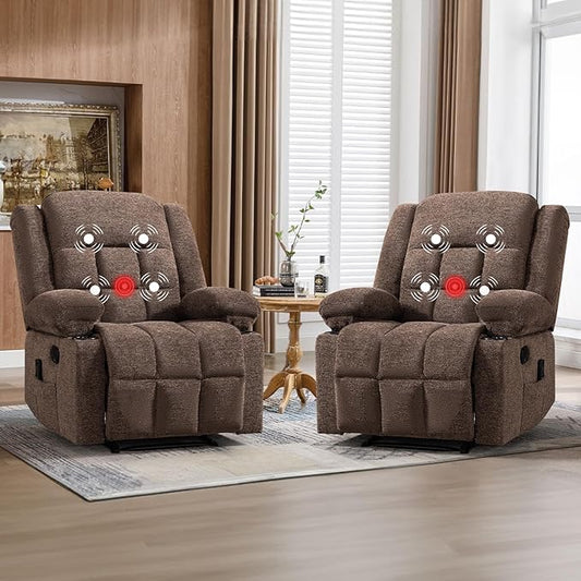 EBELLO Manual Recliner Chair for Adults with Vibration Massage and Lumbar Heating Soft Fabric Recliner Single Sofa with Side Pocket and Two Cup Holders for Living Room Set of 2 Brown