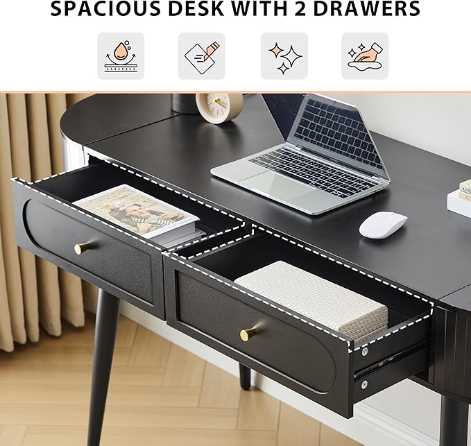 Practical 59 Wood Writing Desk Home Office Laptop Desk with 2 Flip Hide Storage + 2 Drawer MCM Elegant Fluted Multifunctional Study Desk for Apartment Bedroom (Black)