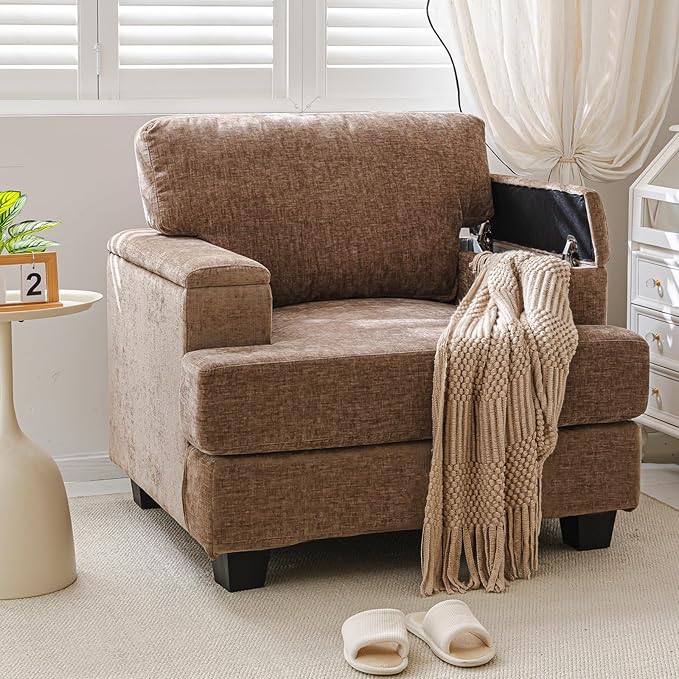 Oversized Accent Chairs Set of 2Large Armchair with Armrest OrganizerDeep SeatBig Reading ChairComfy Living Room ChairsSofa Chair for BedroomChenilleBrown