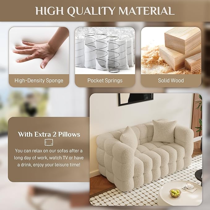 Boucle Sofa Couch 55 Comfy Upholstered Sherpa Loveseat Tufted Cozy 2-Seater Deep Seat Cloud Couch Modern Small Love Seat with 2 Pillows for Living Room Apartment Bedroom Light Brown
