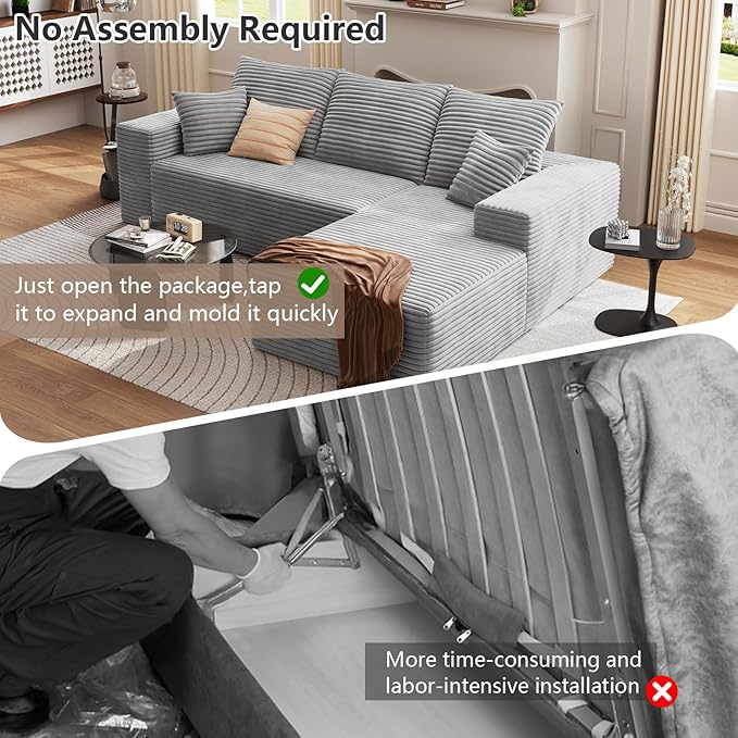 95 Cloud Sectional Couch with L-Shape Chaise Modern Corduroy Boneless Deep Seat Sofa 3-Seater Modular Sleeper Couch for Living RoomBedroomApartmentNo Assembly(Light Grey Right-Facing Chaise)