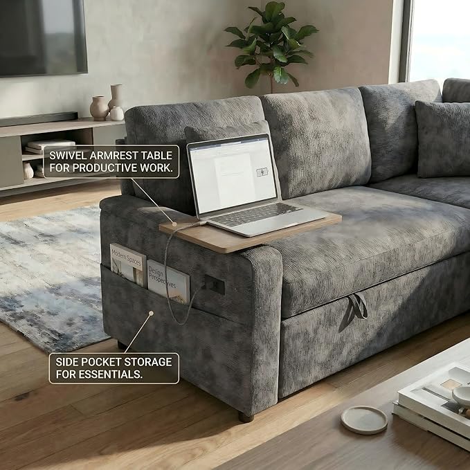 81 Modular Sectional Sofa L Shaped 5-Seater Sleeper Sofa with Pull Out Bed Hidden Storage Cup Holders &amp USB Charging Ports Sectional Couches for Living Room Chenille Grey