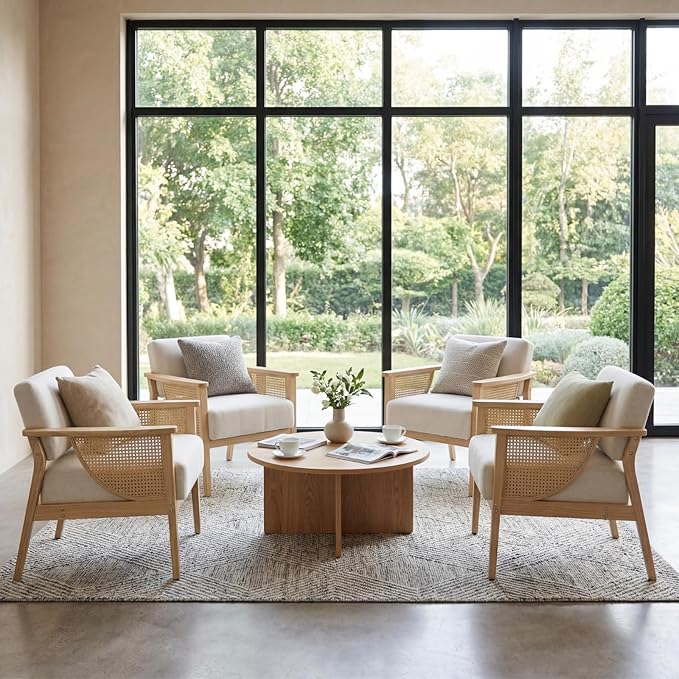 Mid Century Modern Accent Chair Set of 2 Rattan Armchair with Wood Legs Living Room Chair Linen Upholstered Lounge Chair for Bedroom Reading Room Beige