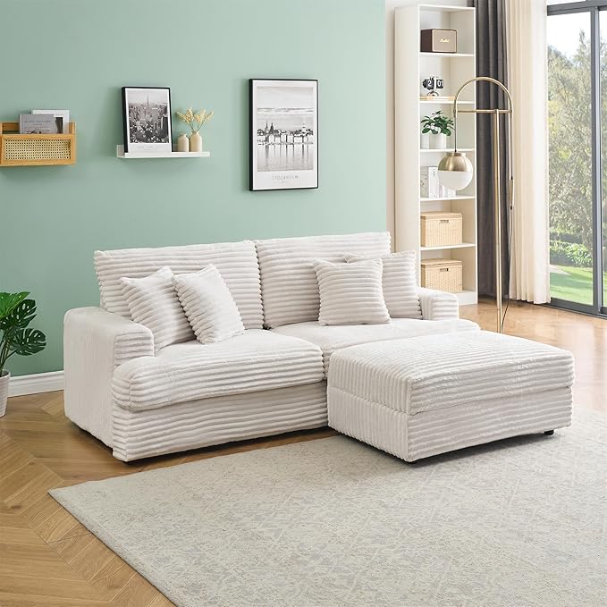 82 Inches Corduroy Square Arms Loveseat Sofa with One Storage Ottoman Comfy Deep Seat Modular Sectional Futon Couch with 4 Throw Pillows for Living Room Bedroom Office (White)