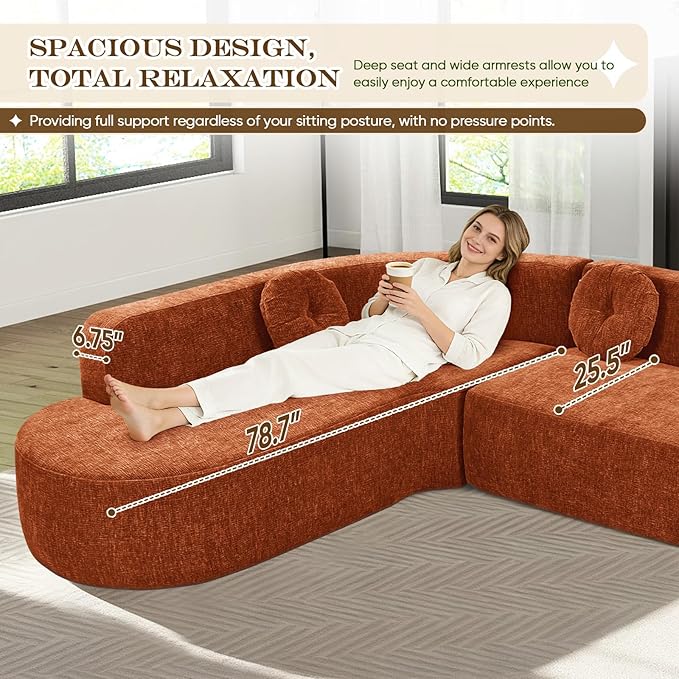 Curved Modular Sectional Sofa - 122 Extra Large 5-Seater with High Resilience Foam &amp Soft Chenille Upholstery 2-Piece Floor Couch with Round Cushions No Assembly Orange Living Room Furniture Se
