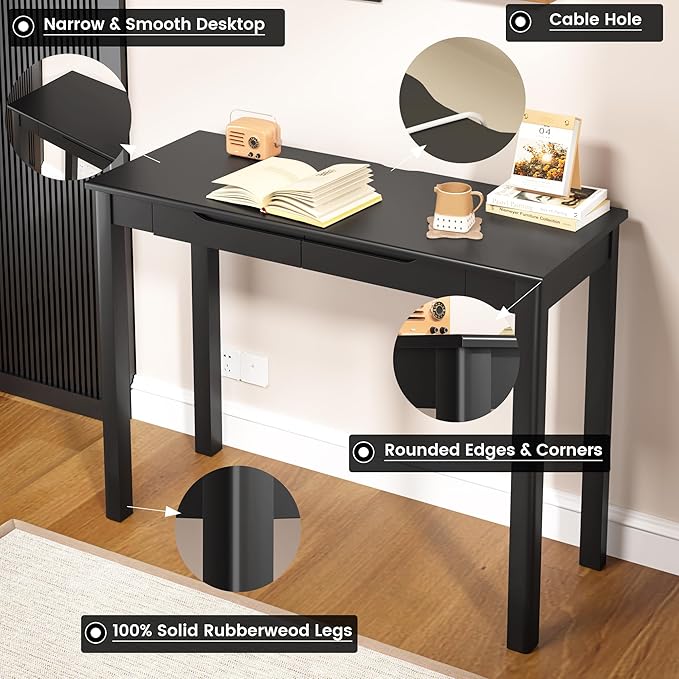 Solid Wood Desk with Drawers - 39 x 16 Inch Simple Narrow Desks Modern Computer Desks Rubber Wood Study Table Small Writing Desk for Bedroom|Small Spaces - Black
