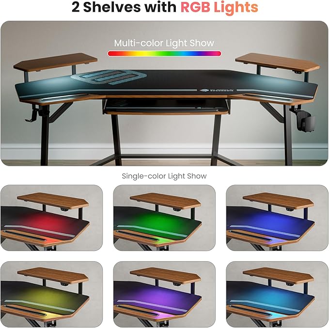 EUREKA ERGONOMIC 72 Gaming Desk W Keyboard Tray Wing-Shaped Music Studio Desk Large Computer Table W LED Convertible Monitor Stand Dual Headphone Hanger for Recording Live Streamer Walnut Wood