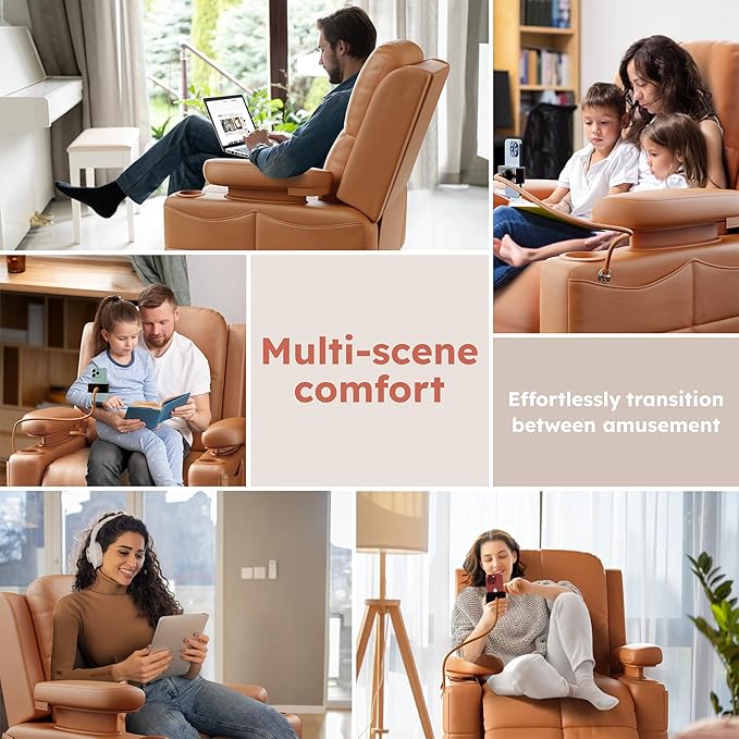 Triple Motor Power Swivel Rocker Recliner Chair with Adjustable Armrests for Adults FSC Certified Faux Leather Rocking Chair for Living Room Brown