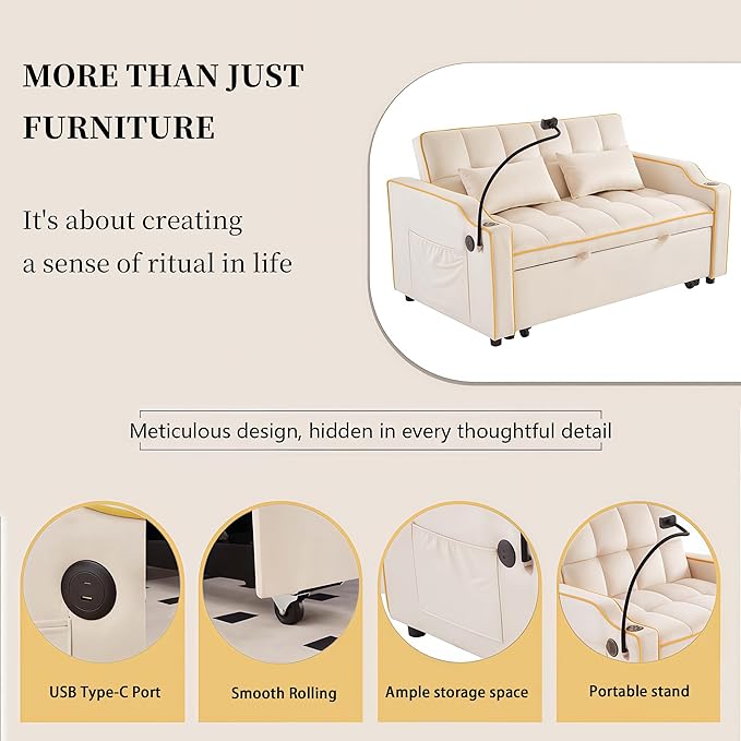 Loveseat Pull Out Couch 3 in 1 Convertible Sofa Bed Adjustable Backrest with Phone Holder Side Pocket &amp USB Port Modern Sofa for Living Room Bedroom Apartment (White)