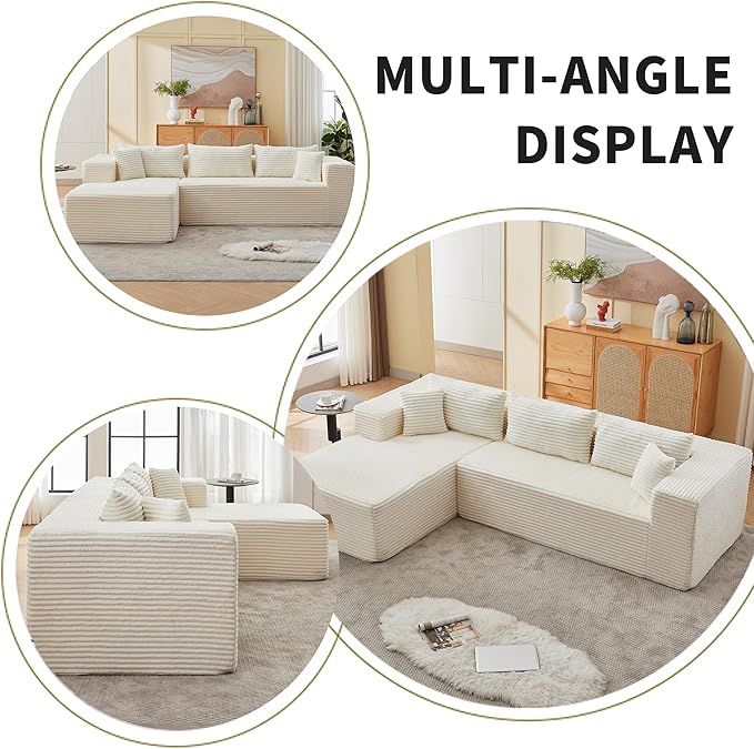 107 Combination Sofa Couches Does Not Require Assembling L-shaped ReclinerModular Sofa Set Of 2Fits Living Room Bedroom Office Corduroy FabricEquipped with headrest (left facing chaise White）