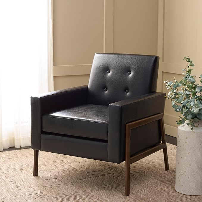 SAFAVIEH Home Collection - Roald Accent Chair Black Faux Leather Tufted Seat &amp Antique Brown Solid Wood Frame (ACH6209D)
