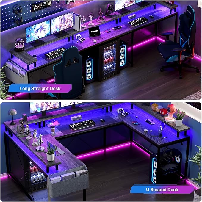 GAOMON U Shaped Home Office DeskReversible l Shaped Gaming Computer Desk with Power Outlets LED StripStorage ShelvesStorage Bag and Hooks for Home OfficeGray