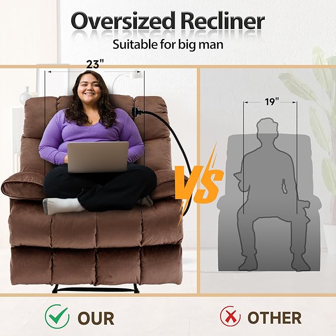 Oversized Recliner Chair with Phone Holder Manual Velvet Big Man Recliners Supports Up to 400 LBS Extra Wide Recliner Chairs for Bedroom Living Room and Home Theater Brown