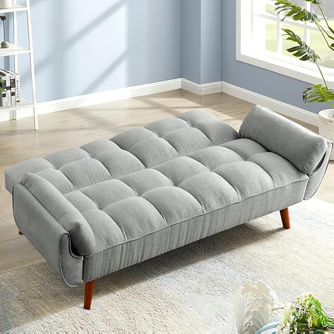 Convertible Futon Sofa Bed Sleeper Couch Bed with Adjustable Backrests Linen 3 Seater Small Couches for Small Spaces Living Room Bedroom(Gray 75)