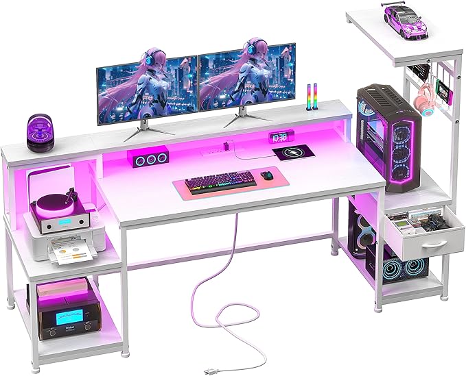 63 Gaming Desk with LED Lights &amp OutletsComputer Desk with Drawers &amp Monitor StandGaming Table with Storage Shelves &amp Printer Space for Game RoomStudy RoomHome OfficeBedroomWhite