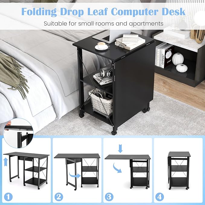 Tangkula Folding Computer Desk Modern Writing Table w/ 2-Tier Storage Shelves PC Laptop Study Table Workstation w/ 6 Wheels Space Saving Compact Home Office Desk for Small Apartment (Black)