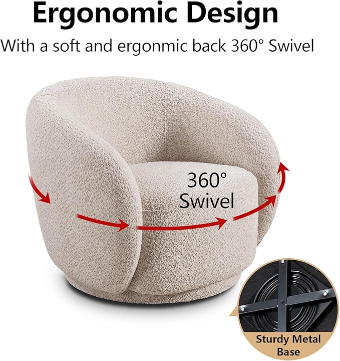 Modern Swivel Accent Chair Boucle Fabric Upholstered Barrel Chair 33 Luxury Curved Sofa Chair Single Sofa Single Armchair for Living Room Bedroom Apartment Office Small Space (Beige)