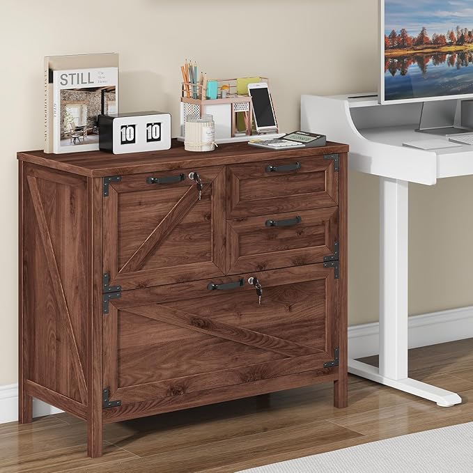 Lateral File Cabinet with 4 Drawers Farmhouse File Cabinet for Letter/Legal/A4 Size Hanging Files Large Wood File Storage Cabinets Printer Stand for Home Office Cabinets Brown with Lock