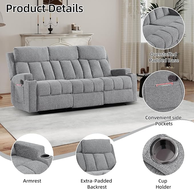 CANMOV Manual Recliner Sofa Set Fabric Recliner Living Room Furniture Sets 1 Seat Reclining Chair and a 3 Seate Sofa Furniture Set with Side Pockets and Cup Holders Light Grey