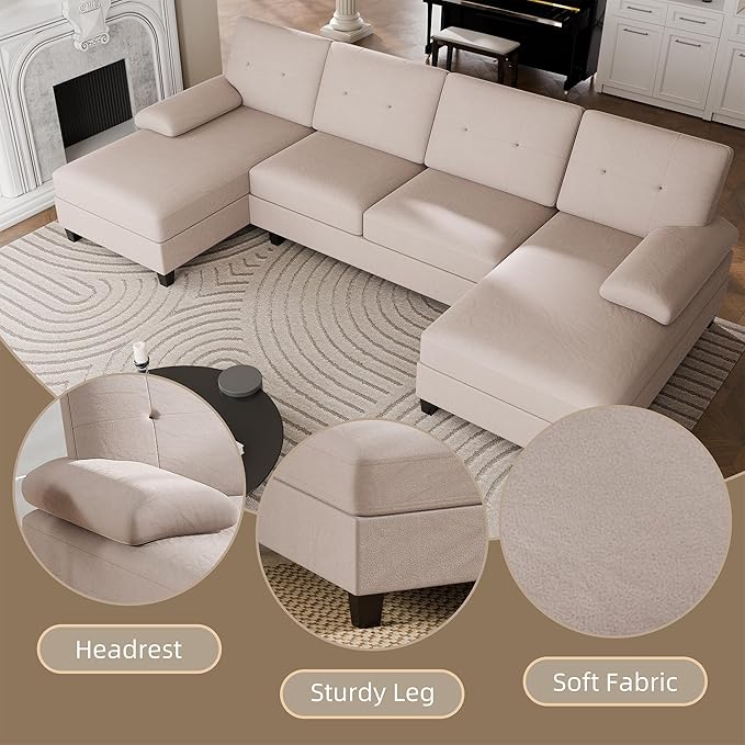 Nuturelly Nutually Sectional Couches for Living Room Convertible U-Shaped Sofa Couch with Double Chaise 4 Seat Sofa Set Modular Sofa Couch with Linen Fabric for ApartmentDark Khaki