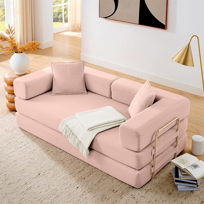 4-in-1 Folding Convertible Floor Sofa Bed 78 Oversized Compression Sofa No Assembly Required King Futon Lazy Couch Corduroy Loveseat Sleeper with Pull Out Bed Modular Futon Couch (Pink)
