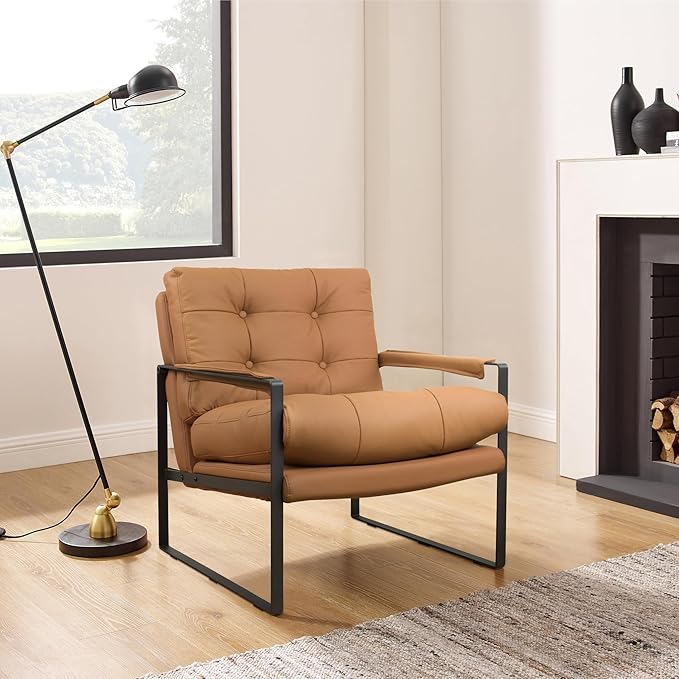 Zouron Leather Accent Chairs Set of 2 Modern Reading Chairs Single Sofa Arm Chair for Living Room Bedroom Reception Room Khaki Button Tufted