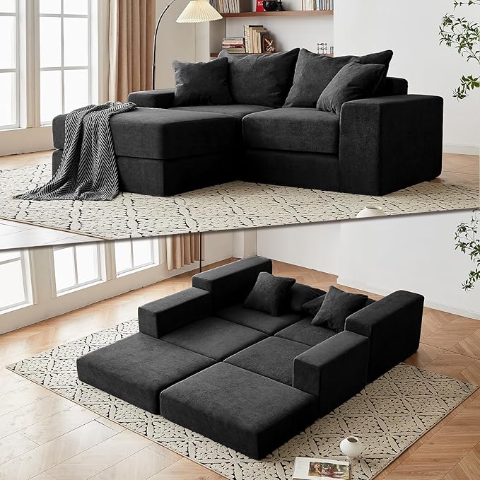 Modular Sectional Loveaeat Cloud Sofa Boneless Couch with Non Slip Base Cozy Sleeper Sofa for Customizable Living Spaces Modern Modular Couch with L-Shape Chaise Deep Seat &amp No Assembly Black