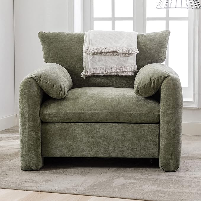 Modern Velvet Fabric Chenille Oversized Single Sofa 38.6’’ W Living Room Accent Armchair Lounge Chair for Living Room Bedroom Meeting Room Hotel Lobby (Matcha Green)