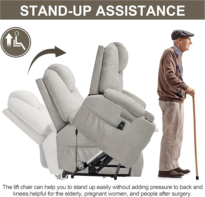 Power Lift Chair with Massage &amp Heat Electric Recliner Chairs for Adults Remote Control Sofa for Living Room Standing Assistance USB Ports Stainless Steel Cup Holders (Chenille Beige)