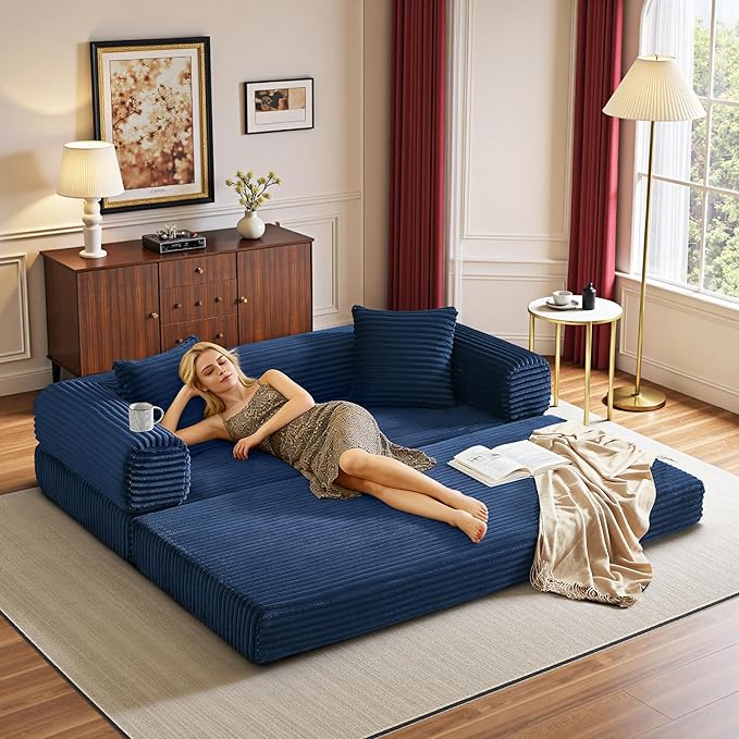 Boneless Couch Versatile Couches for Living Room No-Install Sofa Bed Corduroy Futon Soft Cloud Couch with Pillows for Bedroom Game Movie
