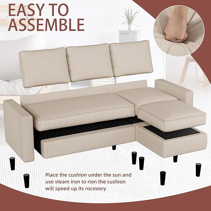 Walsunny 73 Sectional Sofa Couches 3 Seat L Shaped Couch with Ottoman Modern Small Sectional Couches for Small Space Apartment Office Khaki