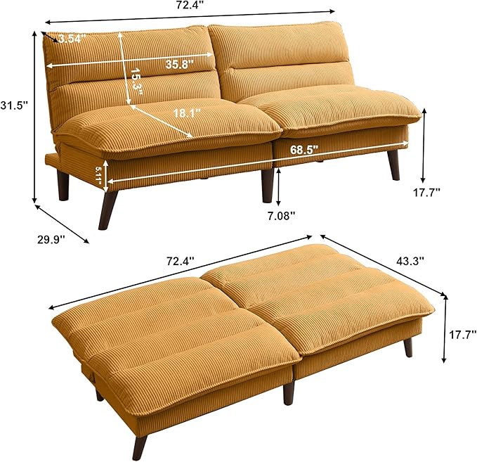 Convertible Futon Sofa Bed 72 Futon Couch with Adjustable Back Upholstered Sleeper Sofa Bed for Living Room Apartment Small Space Yellow