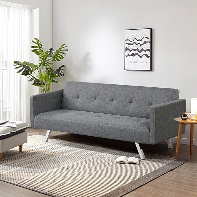 Giantex Convertible Futon Sofa Modern 3 Seat Sofa Bed with USB and Power Strip Folding Loveseat Linen Fabric Lounge Couch for Apartment Dorm Easy Assembly (Grey)