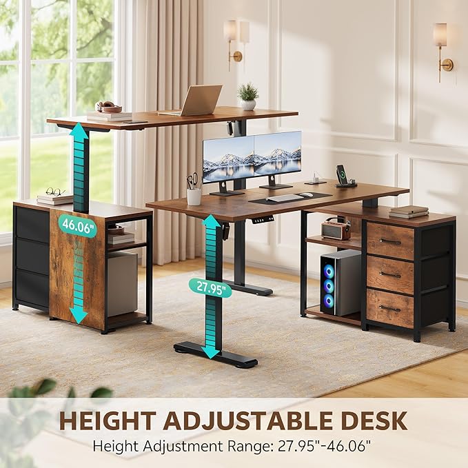 47 Inch L Shaped Standing Desk with 3 Drawers Electric Standing Desk with Storage Computer Desk Adjustable Height with Power Outlets 4 Memory Presets for Home Office Rustic Brown