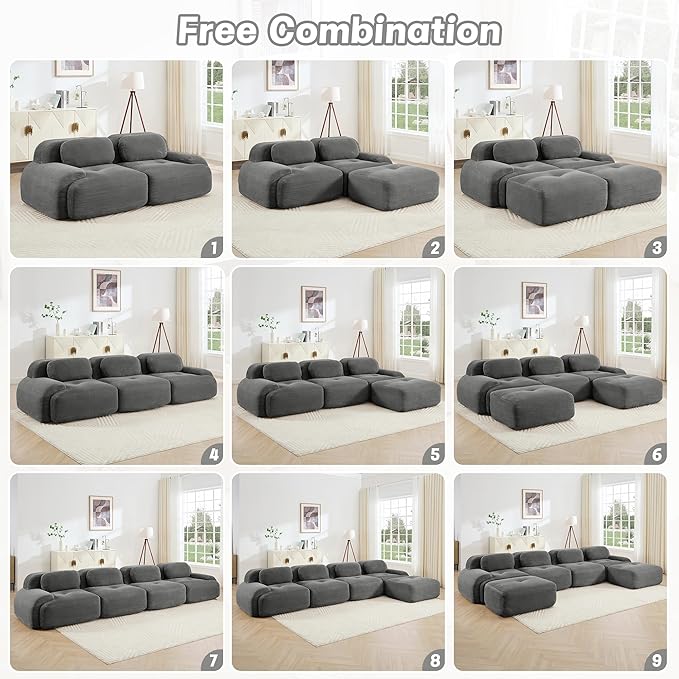 116.1 Modular Sectional Sofa Boneless Cloud Couch 3-Seater Deep Seat Cloud Couch Luxury Corduroy Fabric Sofa for Living Rooms Bedrooms Apartment (Grey 116.1inch+2Ottoman)