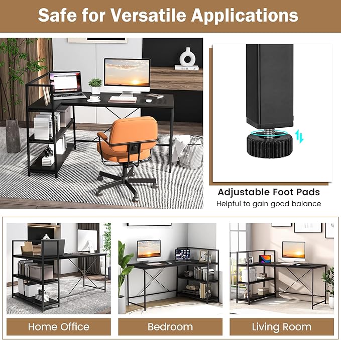 Tangkula Reversible L-Shaped Computer Desk Space Saving Corner Desk with 3-Tier Storage Shelves &amp Metal Frame Modern Executive Home Office Desk PC Laptop Desk Workstation for Small Space (Black